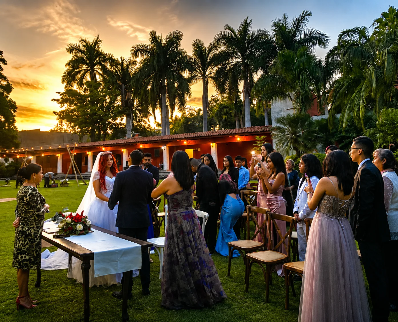 Boda civil al atardecer en jardín rodeado de palmeras