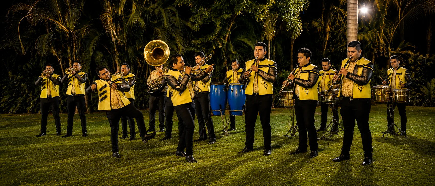 Banda tocando de noche en áreas verdes del rancho