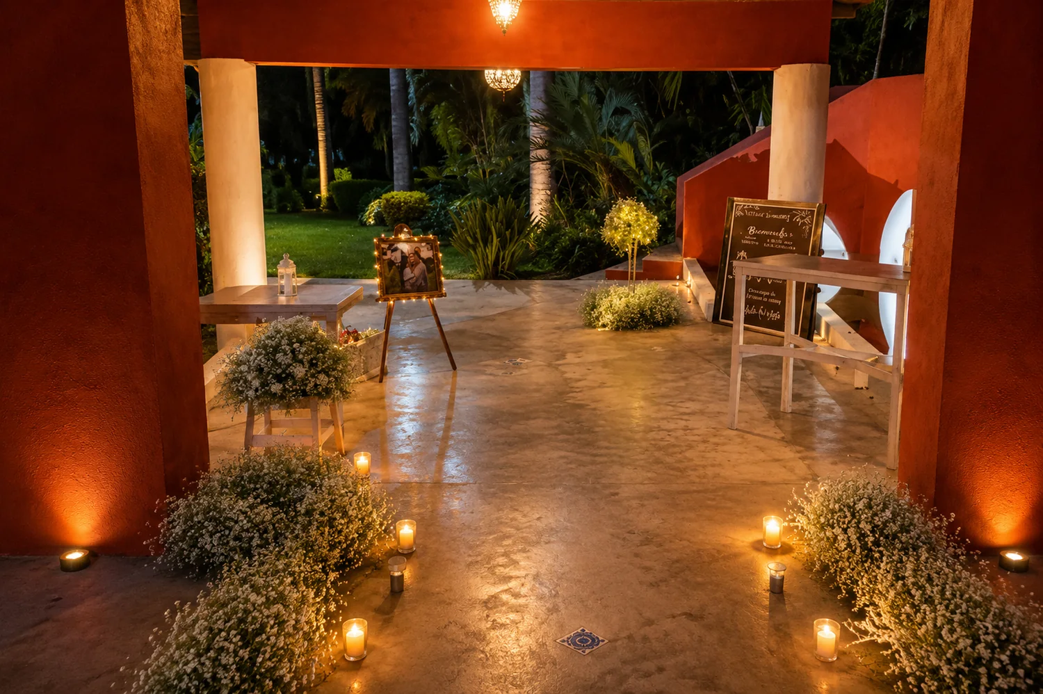 Pasillo decorado de noche con velas, flores y luz cálida