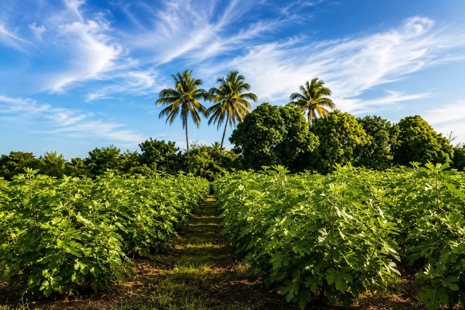 Cultivo de higueras rodeado de palmeras y cielo azul